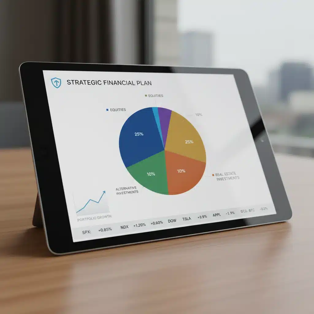 Diversified investment portfolio on tablet, showing various asset classes.