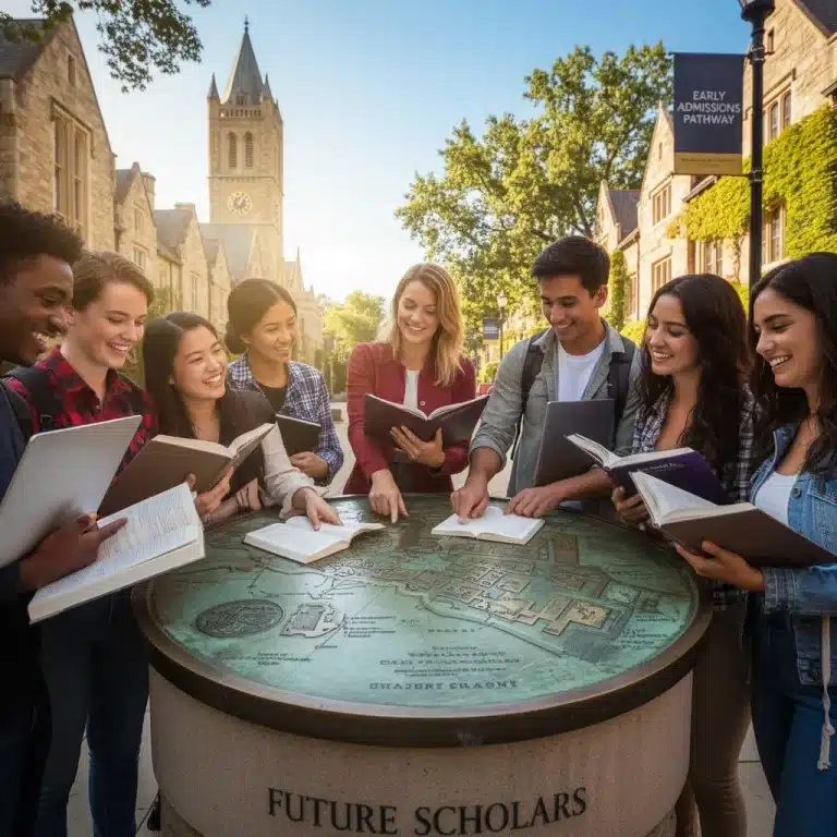 Students planning early for US university admissions with a campus map.