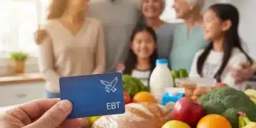 Maximizing SNAP Benefits 2026: Insider Strategies for Increased Food Assistance Hand holding EBT card with family and groceries, symbolizing maximized SNAP benefits