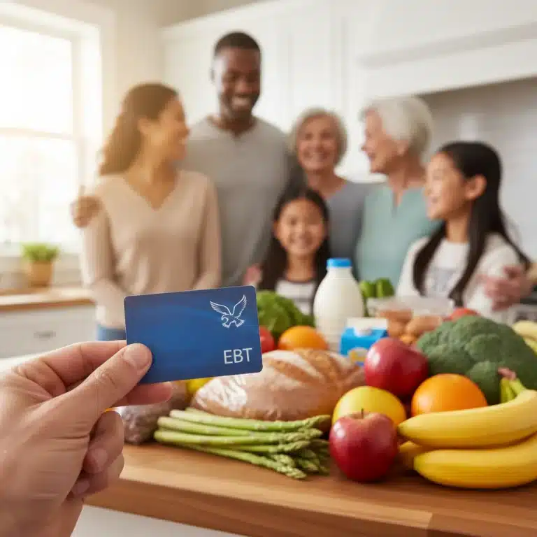 Hand holding EBT card with family and groceries, symbolizing maximized SNAP benefits