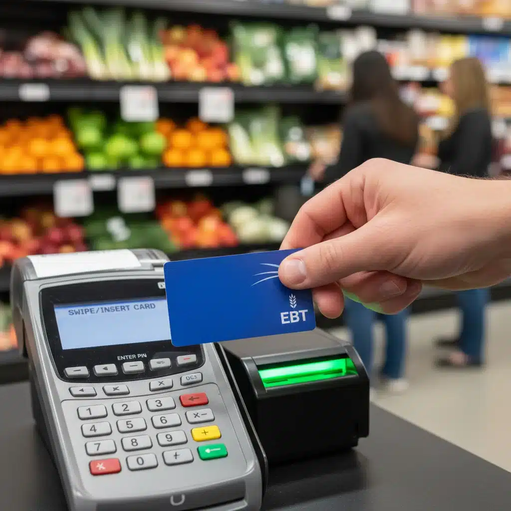 Hand holding an EBT card at a grocery store checkout