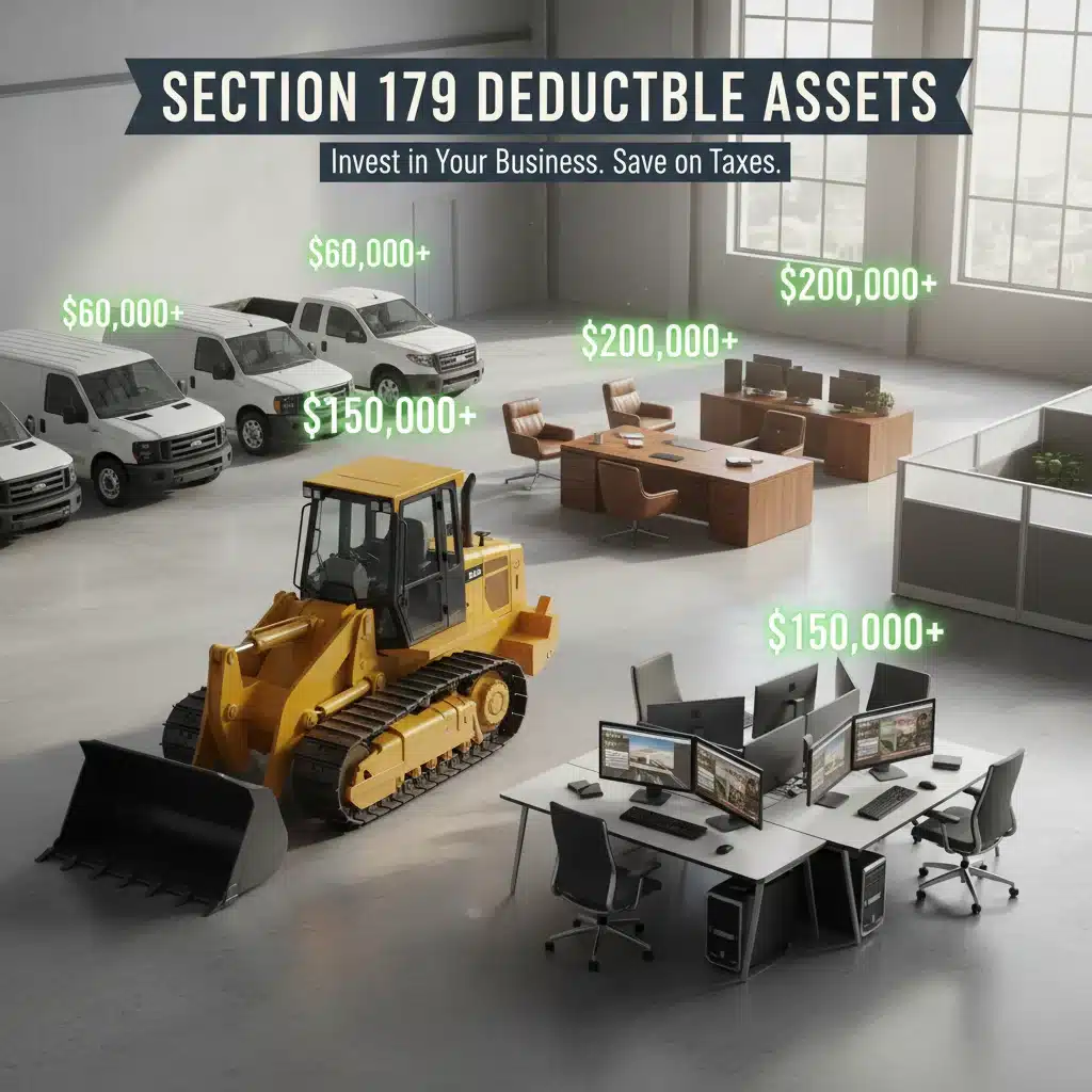 Collage of eligible business assets for Section 179 deduction with financial indicators