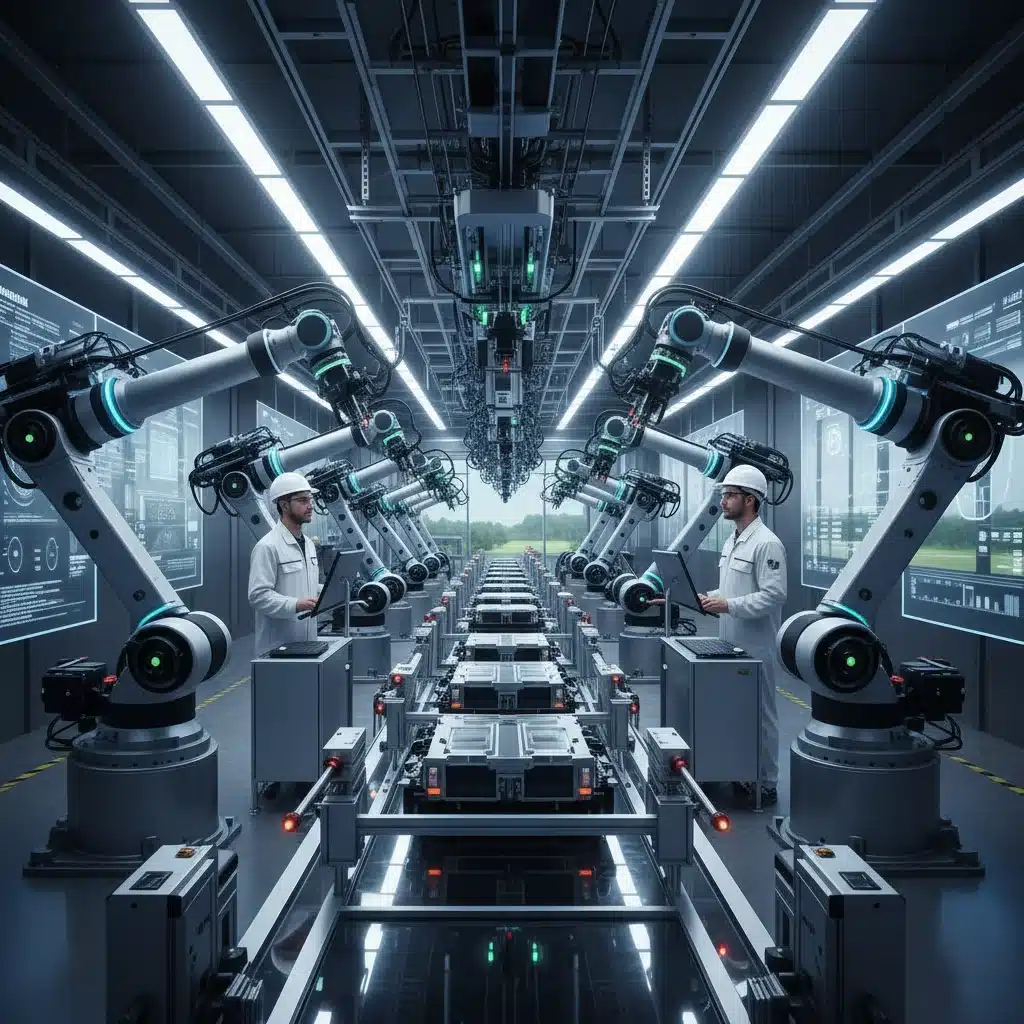 Robotic arms assembling electric vehicle batteries in a modern factory setting.