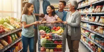Family smiling while shopping for groceries with full cart