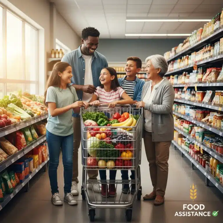 Family smiling while shopping for groceries with full cart