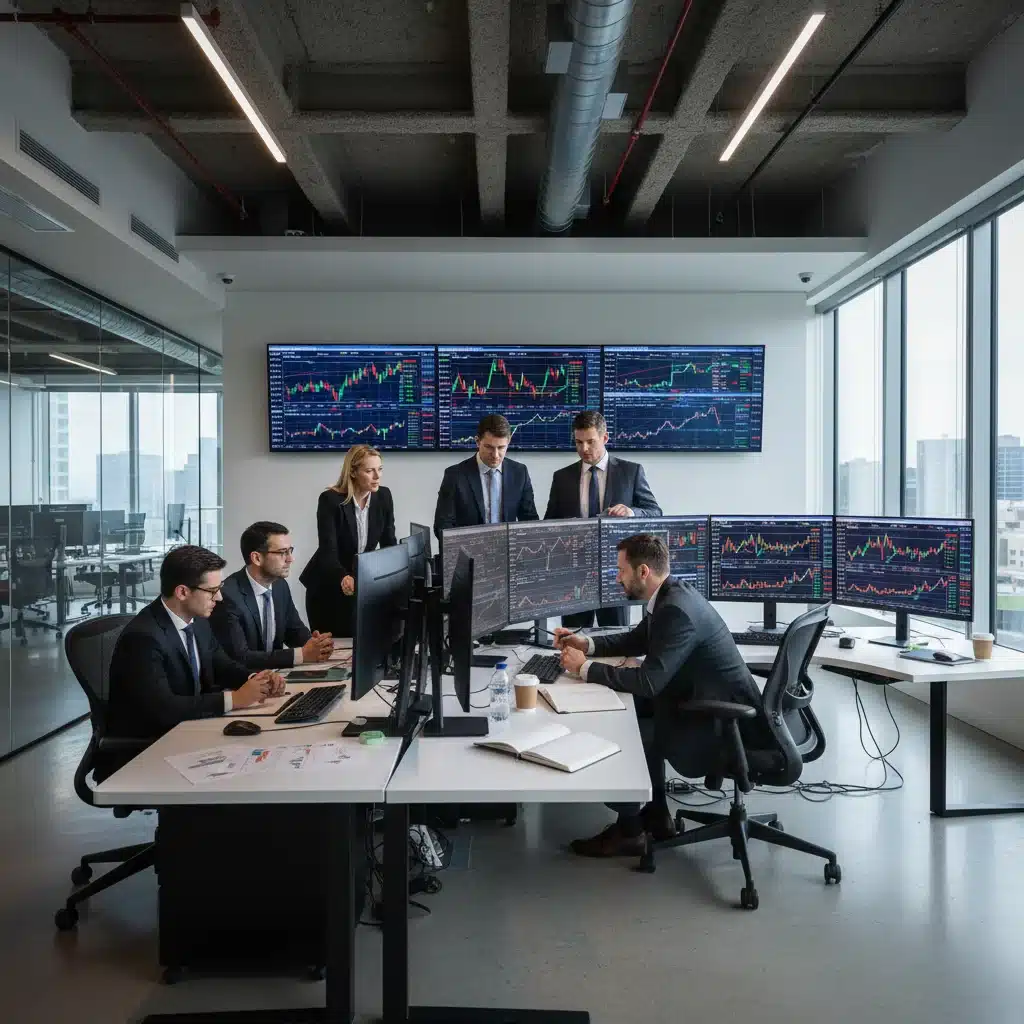 Financial analysts discussing market trends and economic indicators on multiple screens.