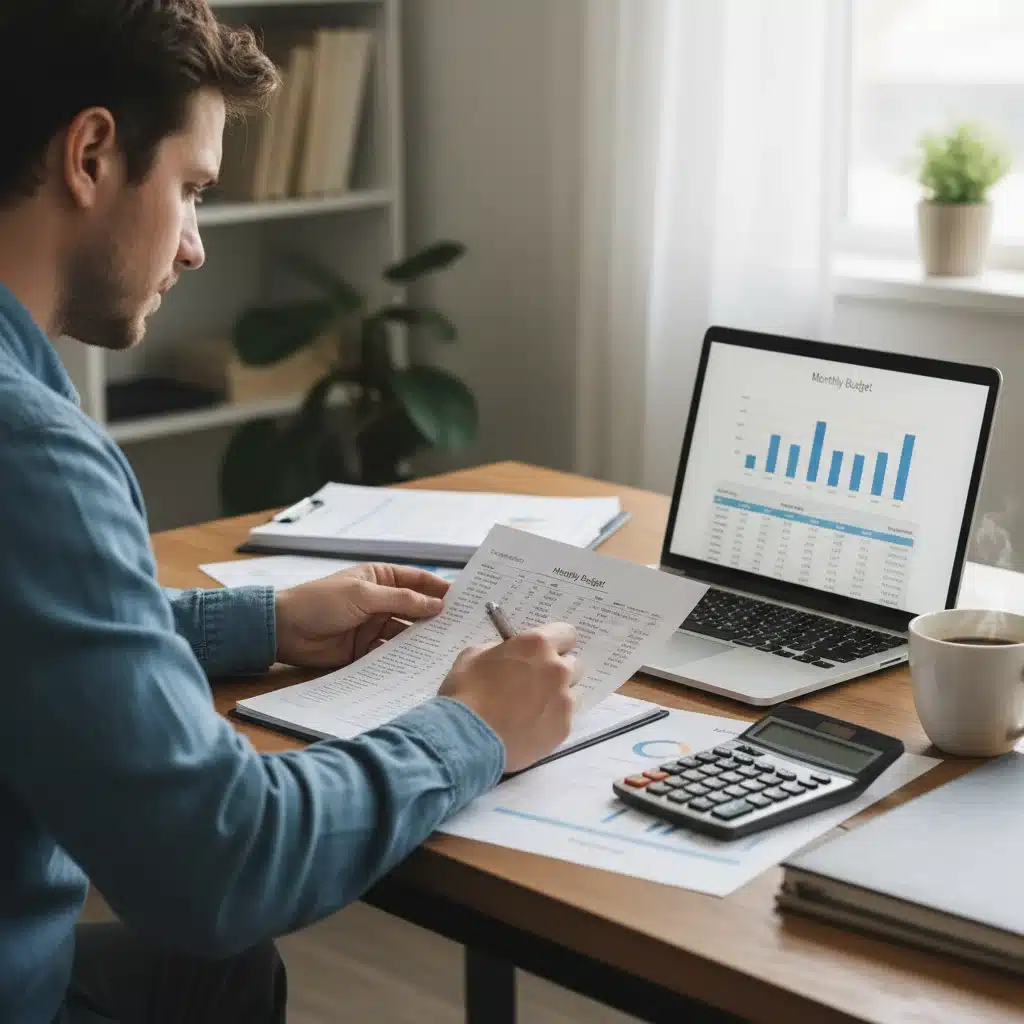 Person reviewing financial budget on laptop with calculator.
