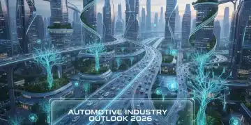 Futuristic city with electric vehicles and charging stations, representing the 2026 automotive industry outlook.