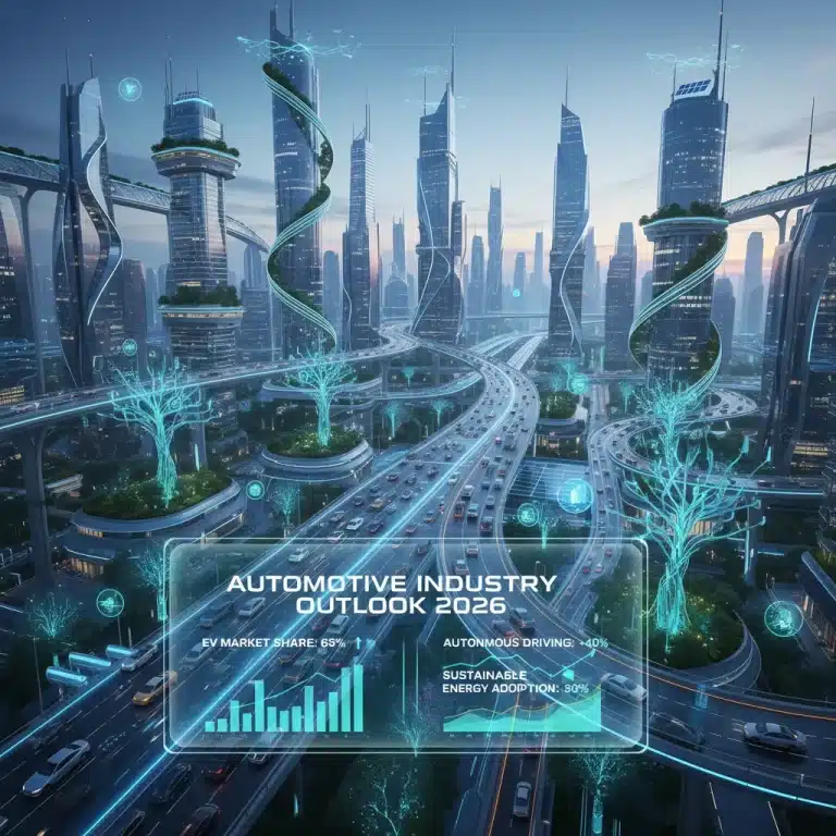 Futuristic city with electric vehicles and charging stations, representing the 2026 automotive industry outlook.