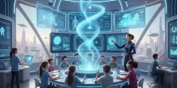 Futuristic classroom with students using advanced education technologies.