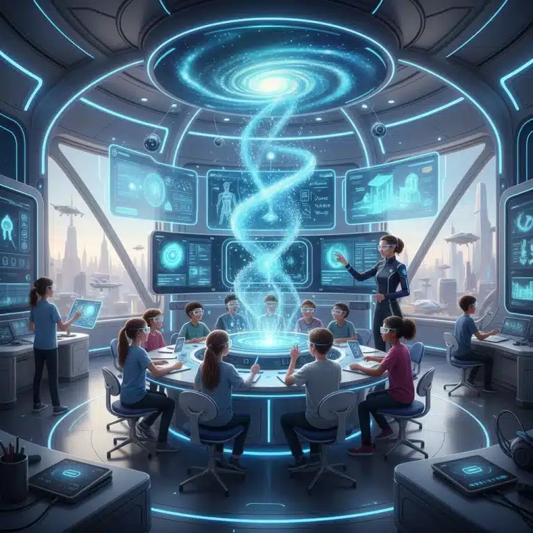 Futuristic classroom with students using advanced education technologies.