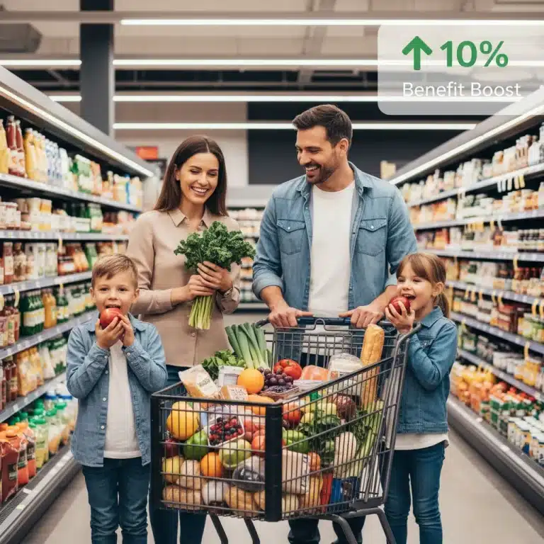 Happy family grocery shopping with full cart, symbolizing maximized SNAP benefits