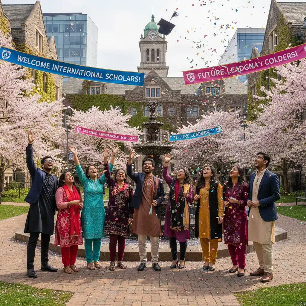 International students celebrating successful university admission on campus.