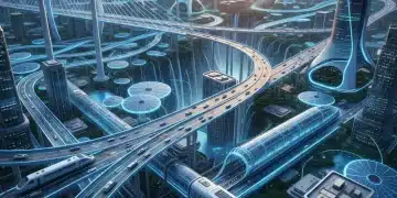 Modern infrastructure network with highways, bridges, and renewable energy, illustrating progress.