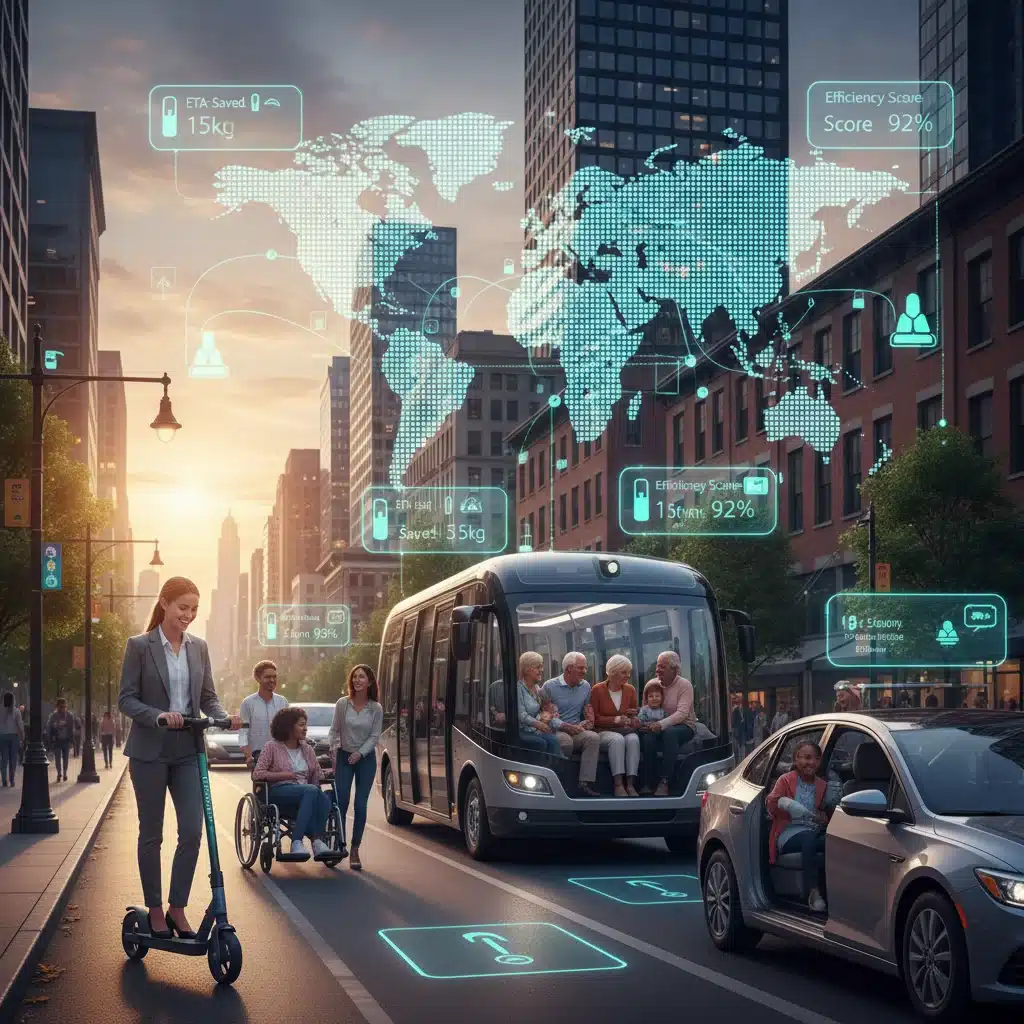 People using diverse smart mobility solutions in an urban environment.