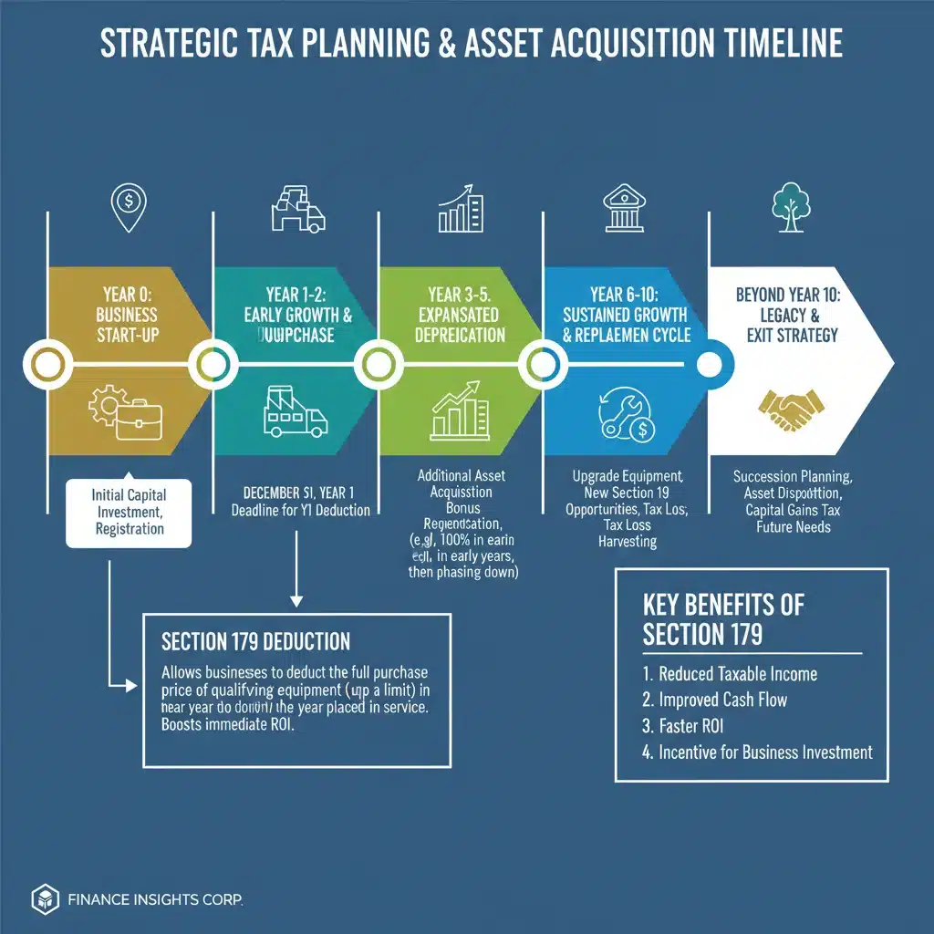 Infographic illustrating tax planning timeline and asset acquisition strategies for businesses