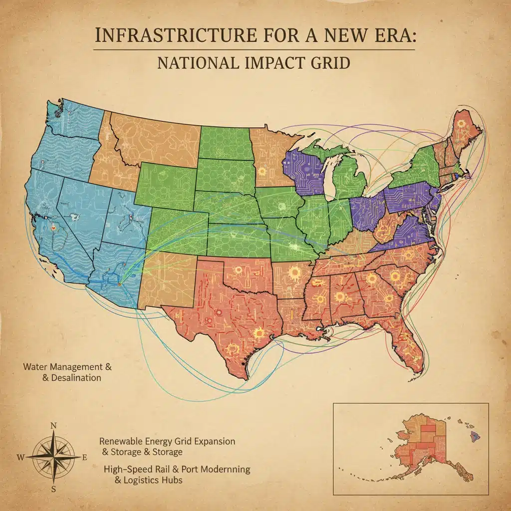 Map of 15 U.S. states showing various infrastructure project types and their national impact.
