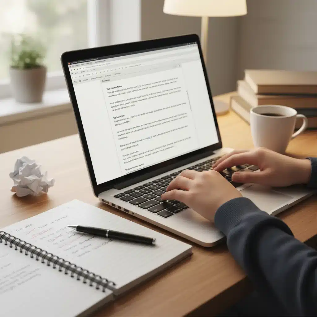 Student diligently writing a college application essay on a laptop, with notes.
