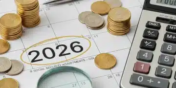 Calendar page for 2026 with coins and calculator, representing future Social Security COLA