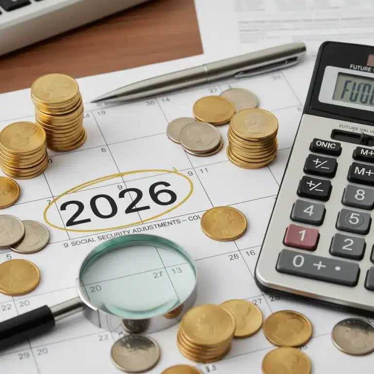 Calendar page for 2026 with coins and calculator, representing future Social Security COLA