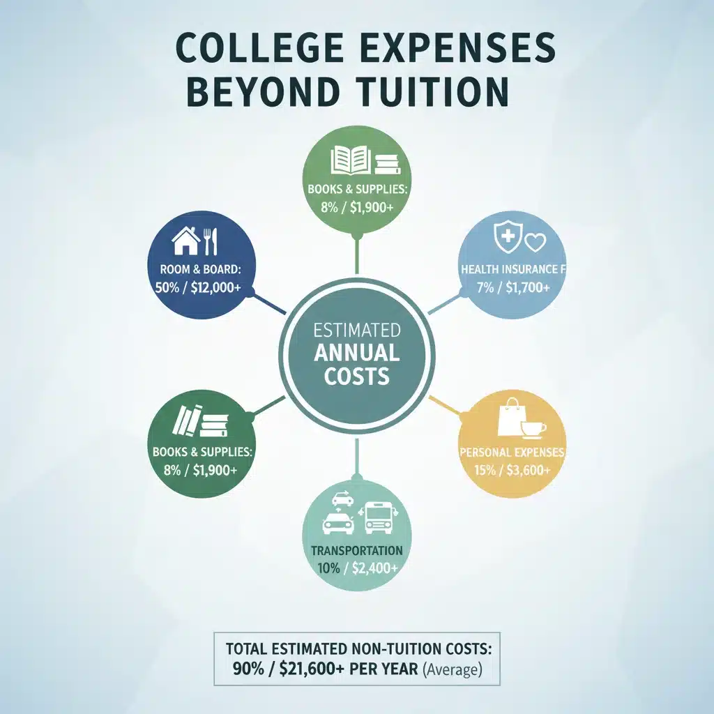 Infographic detailing college expenses beyond tuition, including living costs and hidden fees.