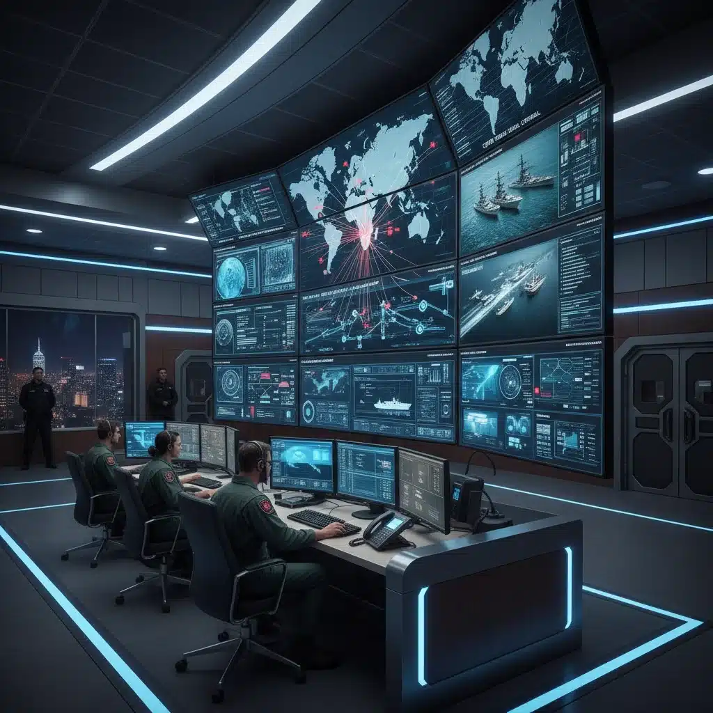 Command center monitoring real-time cyber threats and global movements