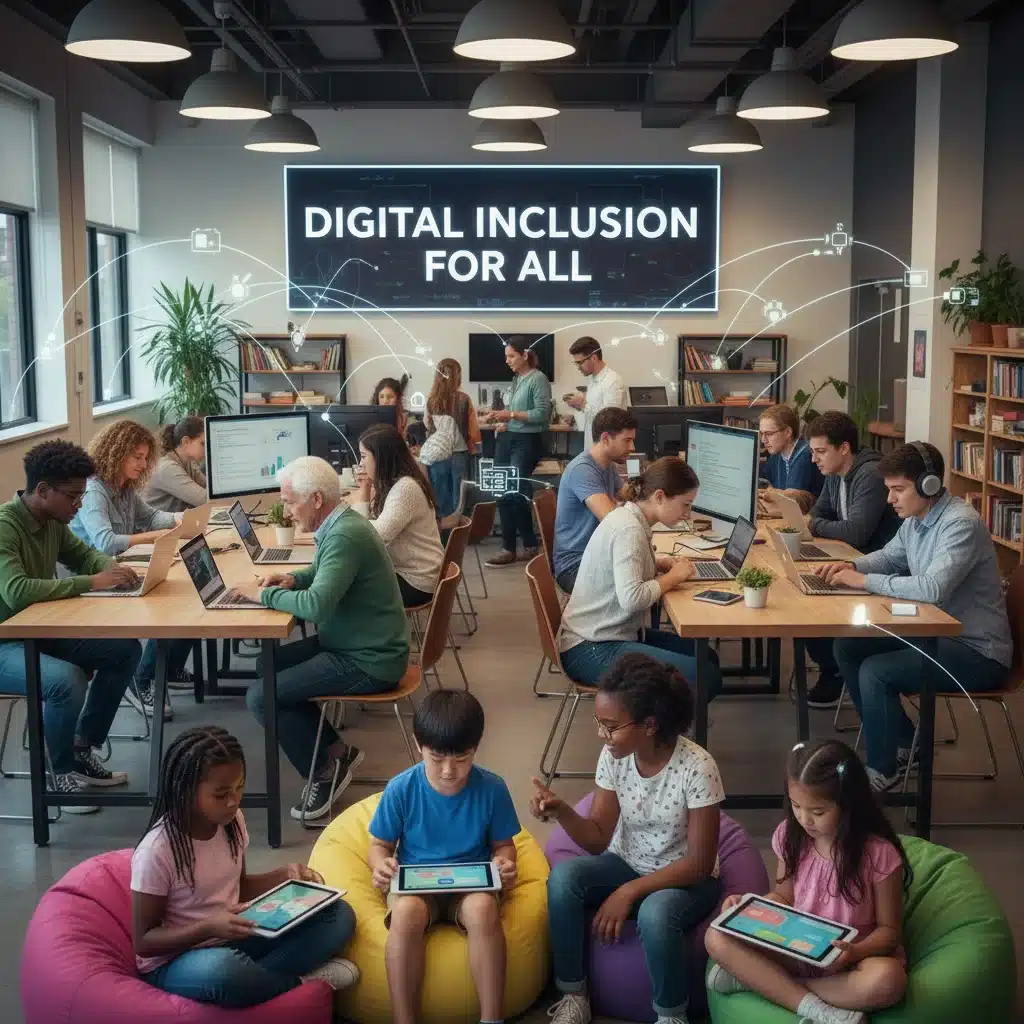 Diverse community members using internet at a community center, benefiting from connectivity