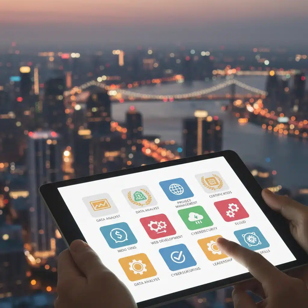 Digital badges and micro-credentials on a tablet screen for career advancement