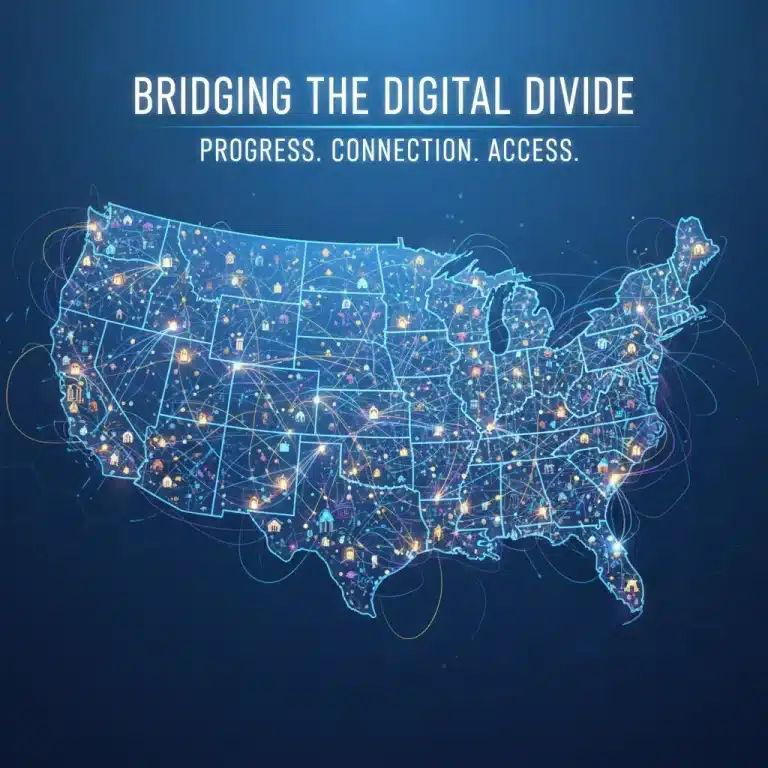 Digital network connecting households across the US map, symbolizing federal broadband programs