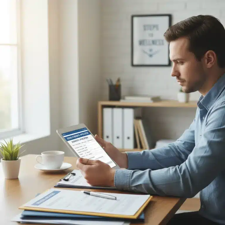 Thoughtful person reviewing disability application form on a tablet