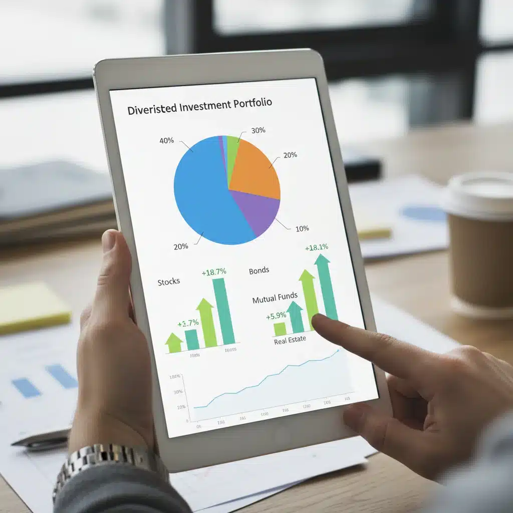 Diverse investment portfolio displayed on a tablet, showing various asset classes and positive performance indicators.