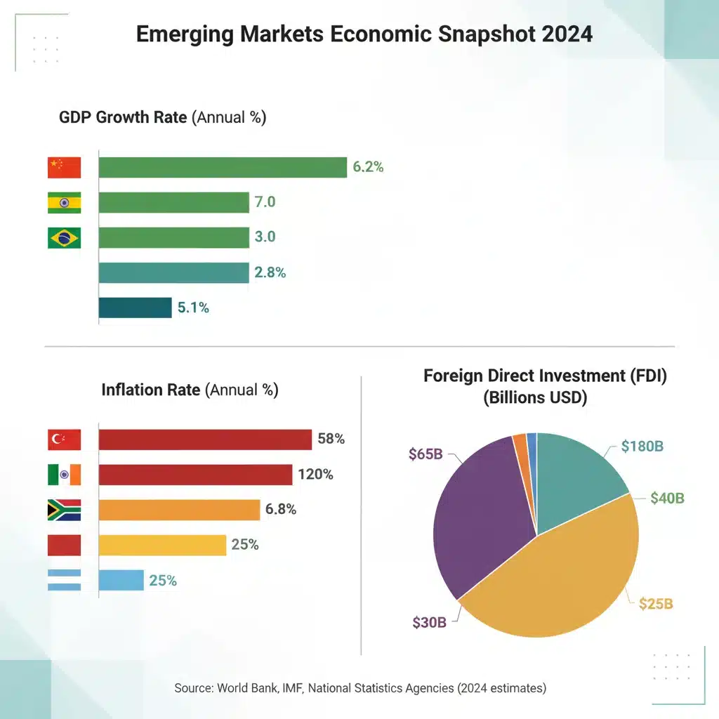 Infographic of emerging market economic indicators by country