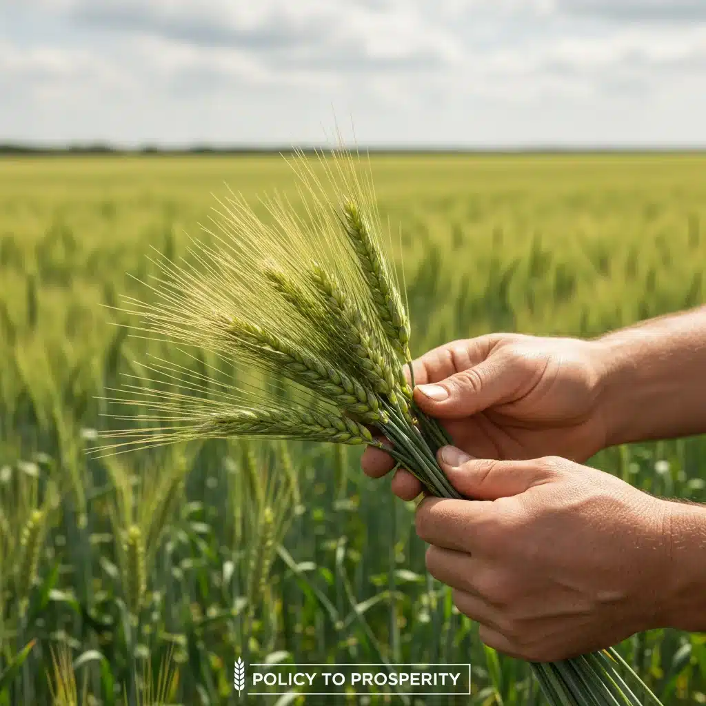 Farmer inspecting wheat field, symbolizing subsidy impact on crops