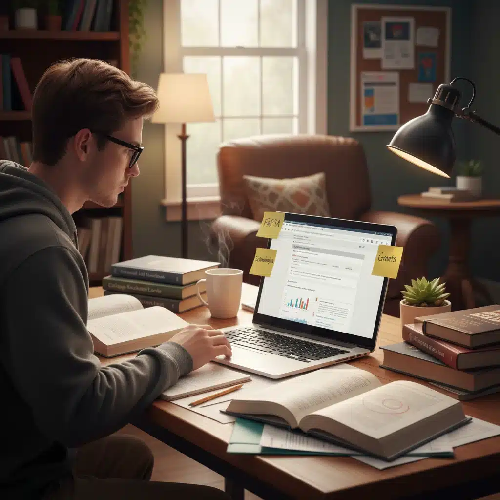 Student researching financial aid, scholarships, and FAFSA on a laptop.