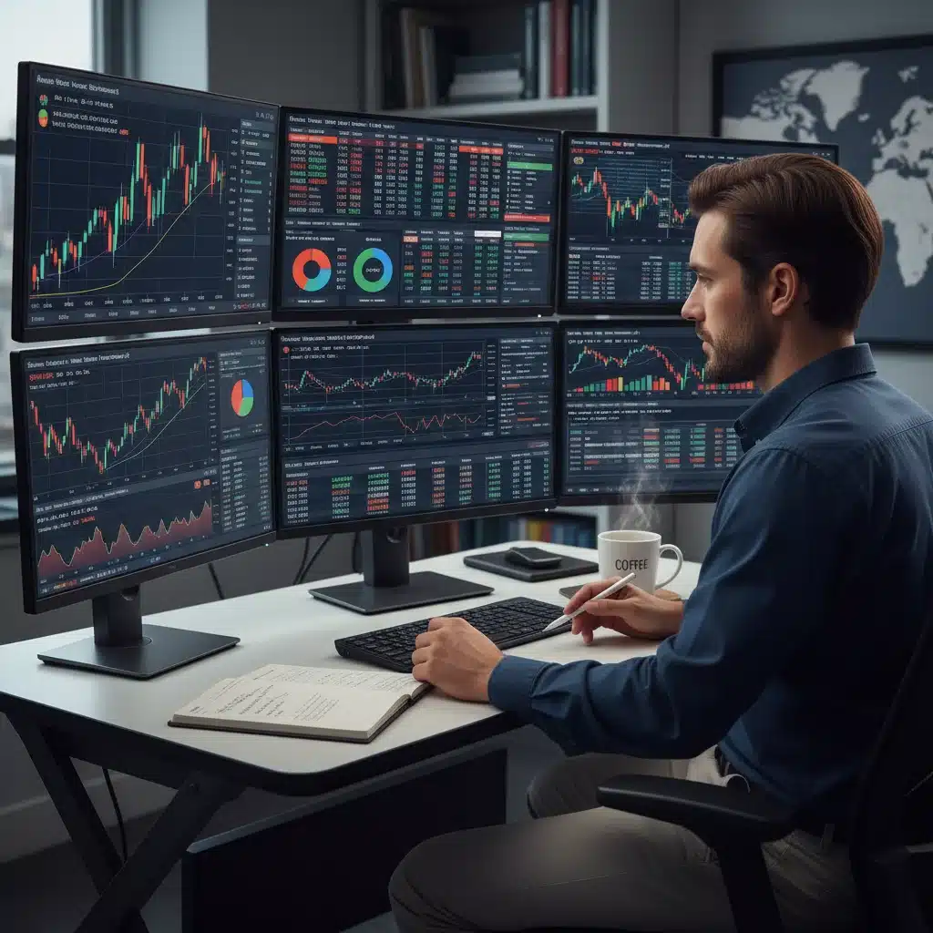 Investor analyzing financial charts and data on multiple screens, performing diligent investment research.