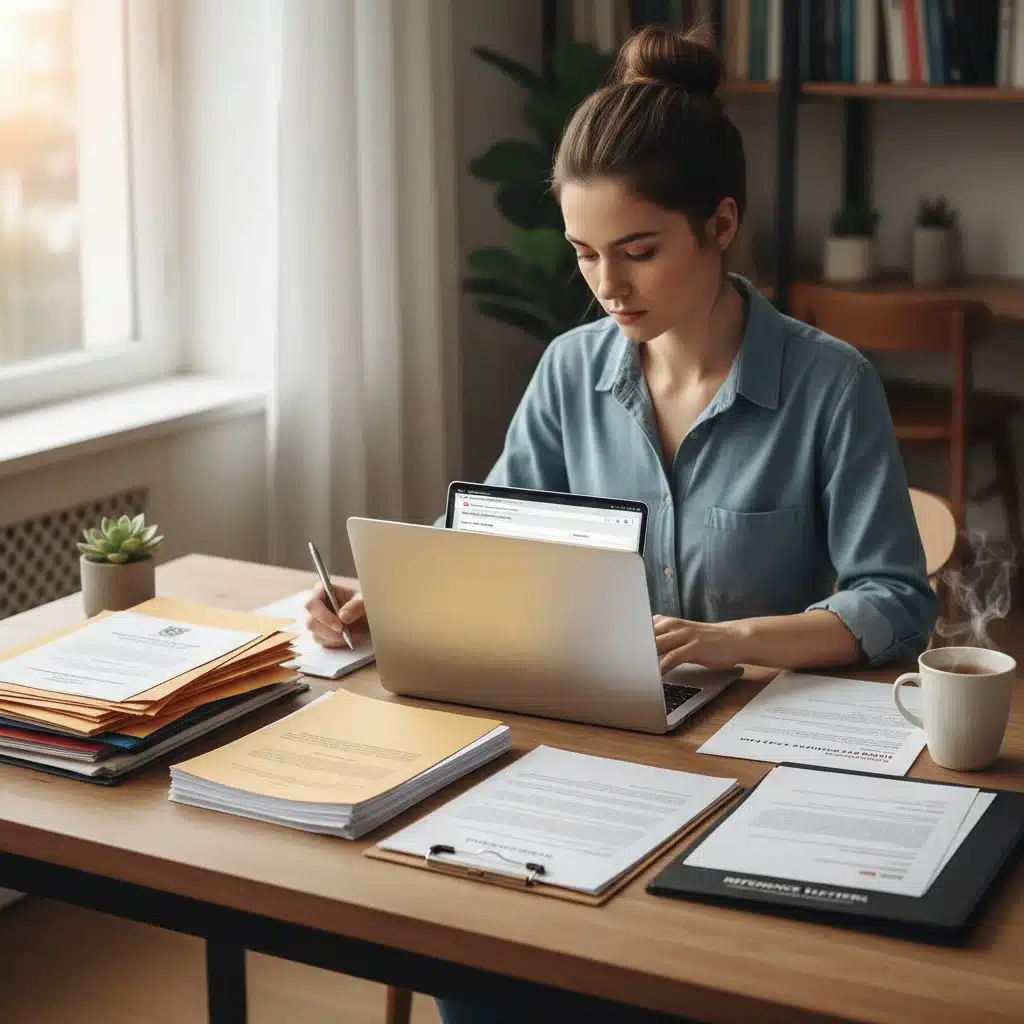 Student organizing U.S. graduate school application documents and using a laptop for online submissions.