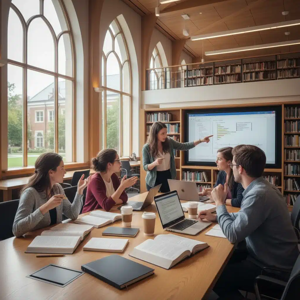 Graduate students collaborating and discussing in a university library, showcasing academic engagement.