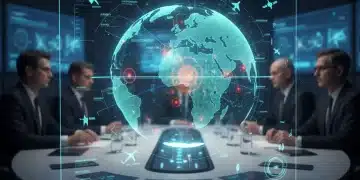 Holographic display showing global threats and defense budget allocation