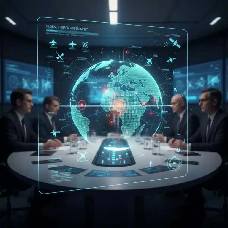 Holographic display showing global threats and defense budget allocation