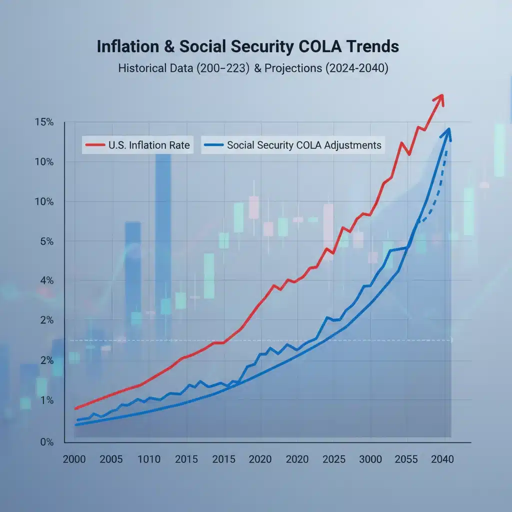 Graph illustrating inflation trends and Social Security COLA increases over time