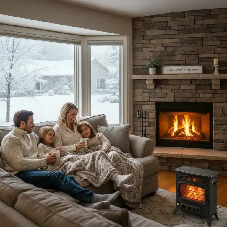 Family staying warm indoors with heating assistance