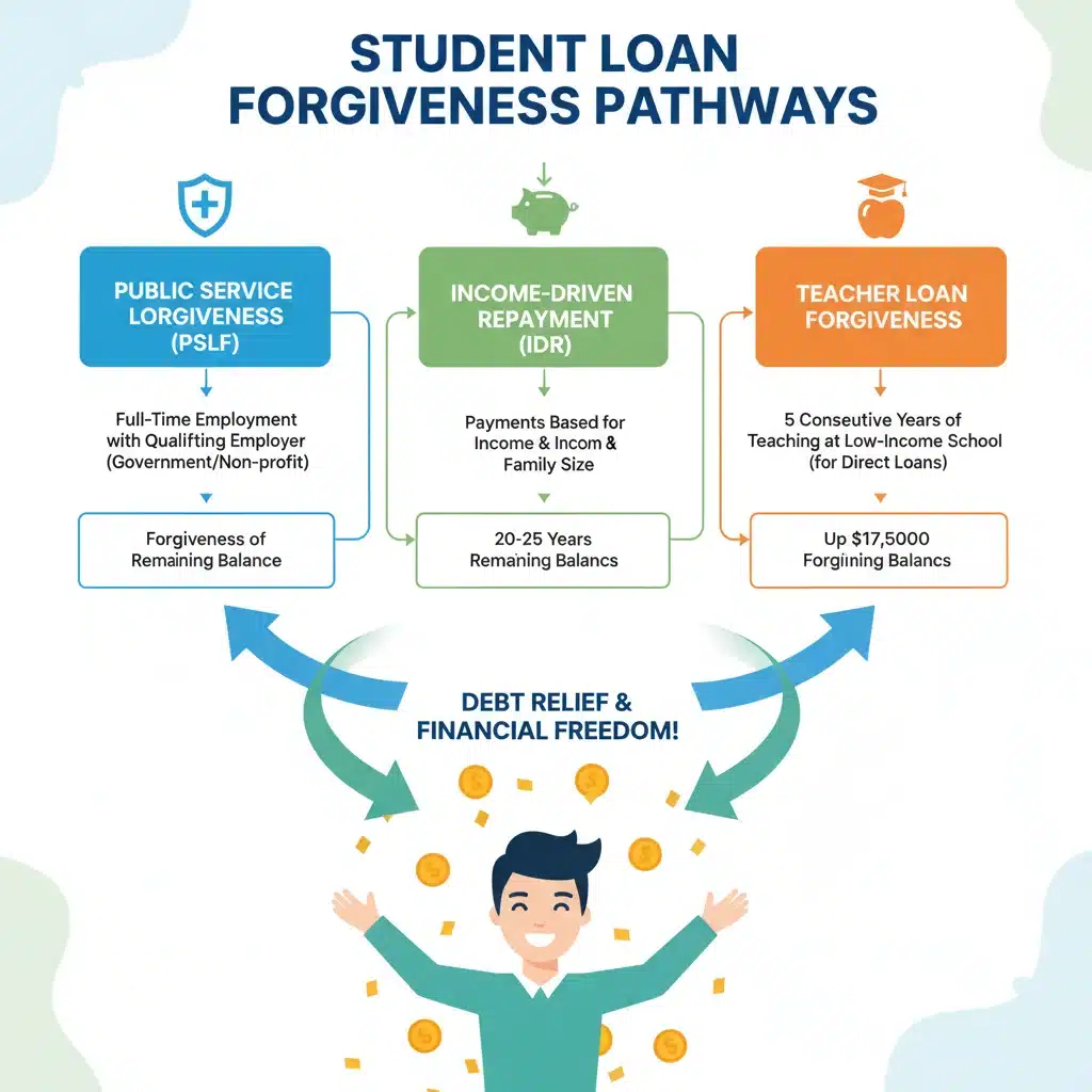 Infographic showing various student loan forgiveness pathways