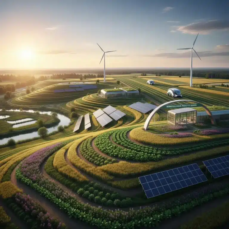 Modern farm landscape at sunrise representing new agricultural policy 2026