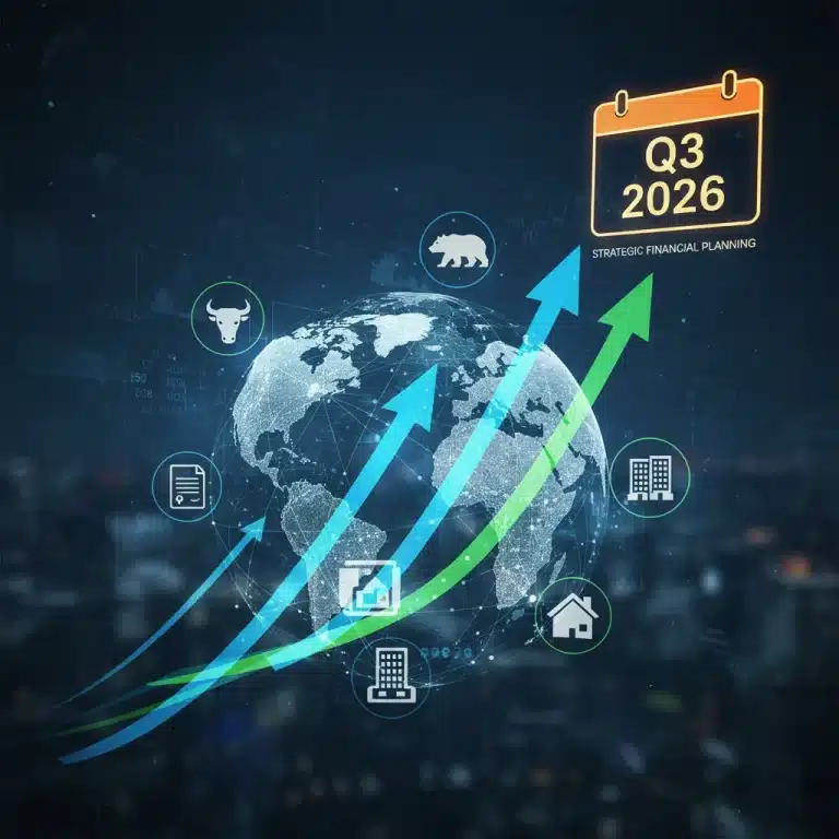 Dynamic financial graph showing growth with Q3 2026 calendar, symbolizing portfolio rebalancing and investment strategy.