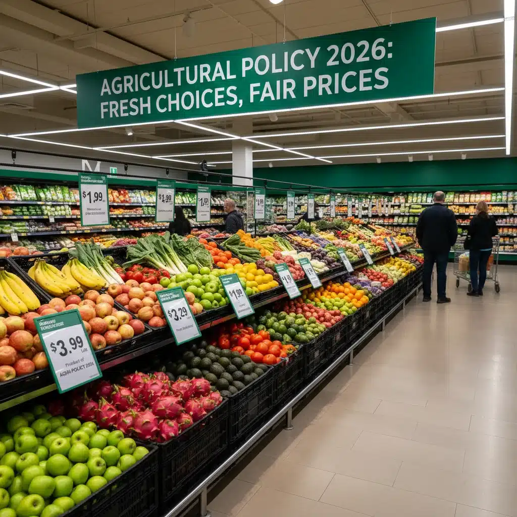 Supermarket aisle with fresh produce and price tags, showing food price impact