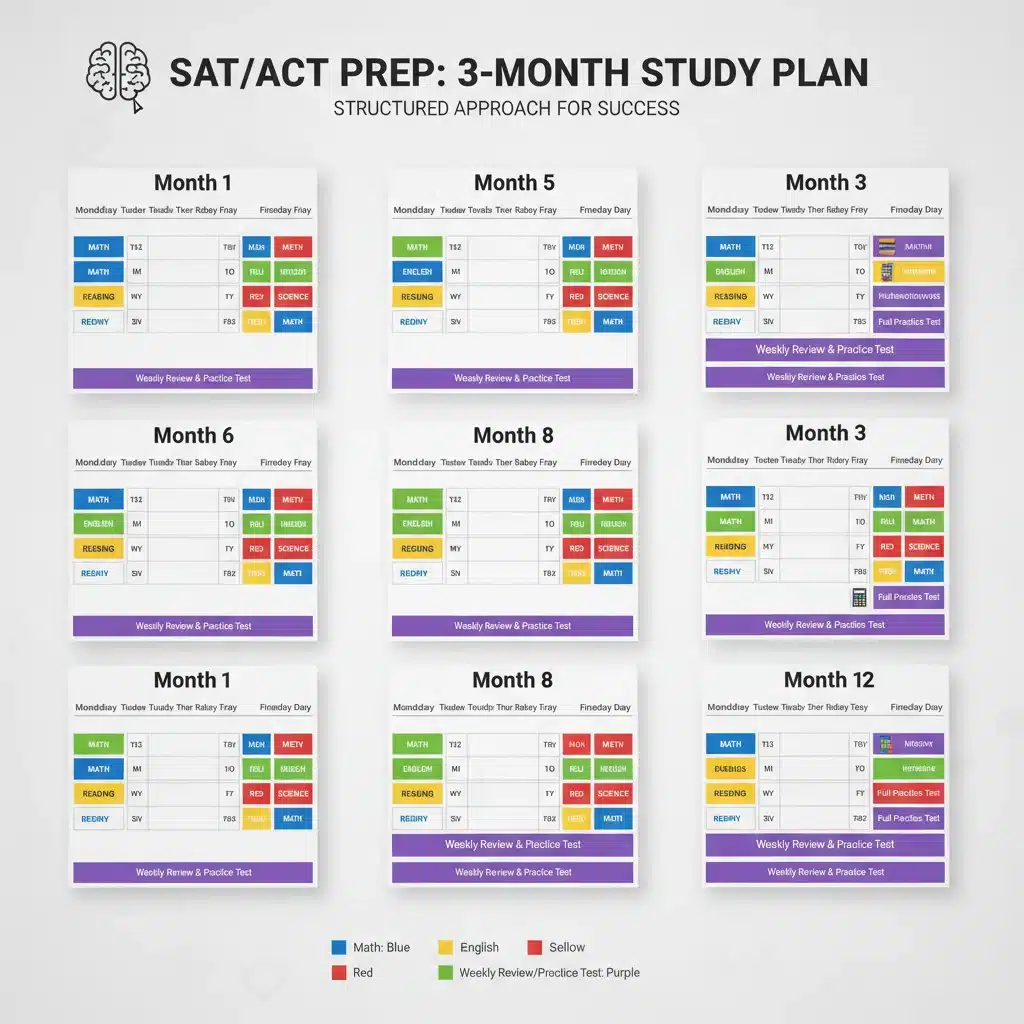 Structured three-month study calendar for SAT ACT preparation.