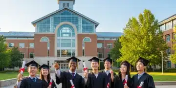 Diverse students looking towards a modern university building, symbolizing U.S. graduate school aspirations and academic success.