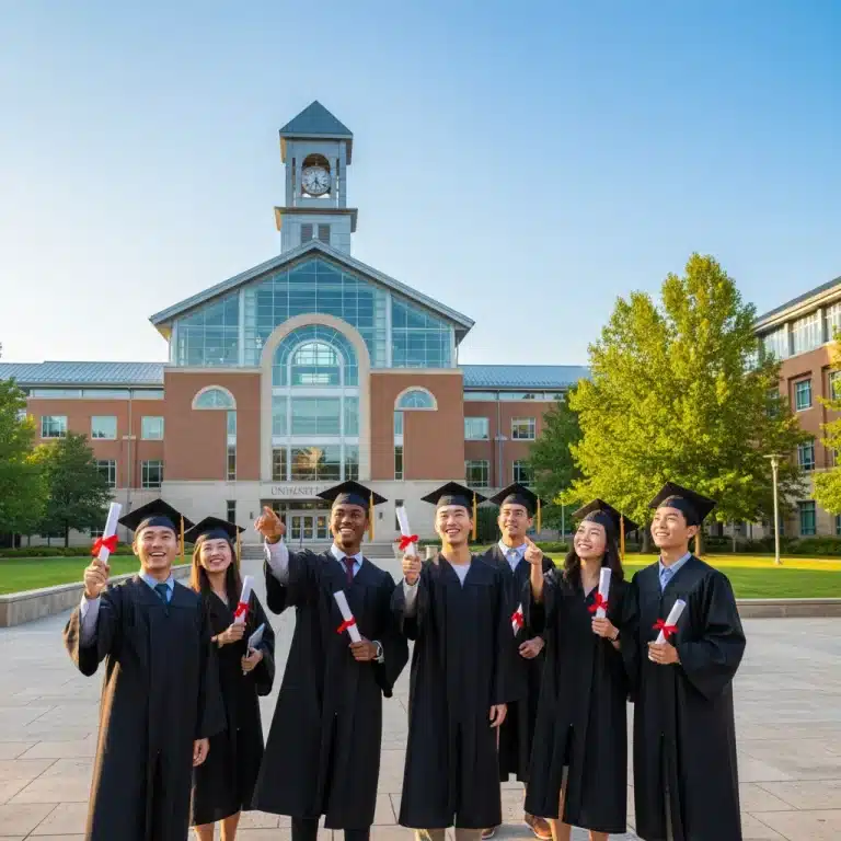 Diverse students looking towards a modern university building, symbolizing U.S. graduate school aspirations and academic success.